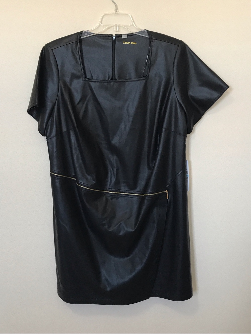 Calvin Klein Black Faux Leather Mini Dress with Gold Zipper